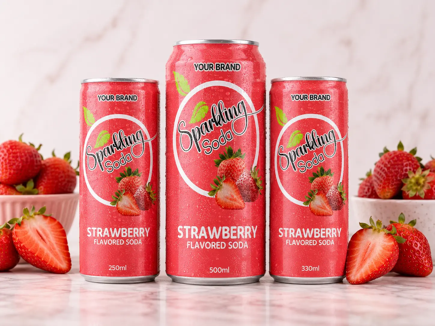 SPARKLING FLAVORED SODA Strawberry 250ml, 500ml and 330ml cans